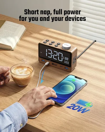 Vista 14 de SUPERDANNY Reloj despertador con PD de 20 W, 4 puertos USB, tira de alimentación de 2 tomas de CA, relojes despertadores digitales para dormitorios