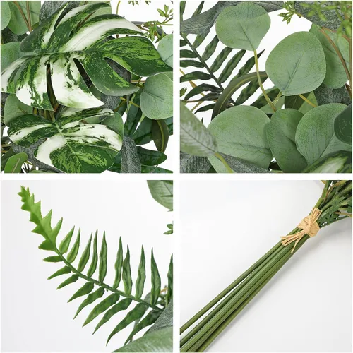 Vista 5 de Juego de cajas de tallos de vegetación artificial, 5 tipos de hojas de eucalipto mixtas de hojas de eucalipto plateadas, helechos de monstera Tipo 1