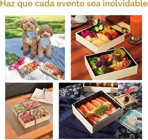 Vista 4 de Contenedores desechables de madera Bento To Go para comida, 25 piezas, cajas Bento asiáticas de madera para llevar con tapas, caja de panadería a