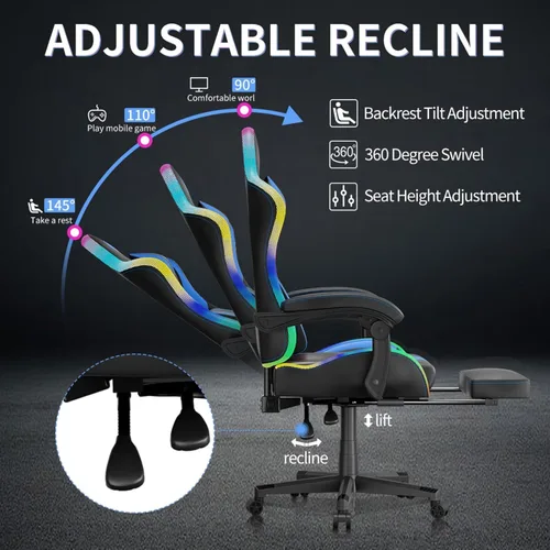 Vista 4 de Sillas de juego para adultos altos y niños, soporte lumbar, luces LED, respaldo alto, silla de computadora reclinable con reposacabezas