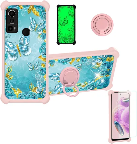 Vista 60 de jioeuinly Funda compatible con Oukitel P1 Pro con protector de pantalla de vidrio templado, policarbonato duro + silicona suave, soporte de anillo