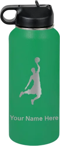 Vista 31 de LaserGram Botella de Agua Personalizada, Basketball Slam Dunk Man, Acero Inoxidable de Doble Pared con Aislamiento al Vacío con Pajita Abatible