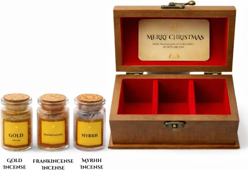 Vista 3 de Regalos de los Tres Reyes – Juego de regalo de oro, incienso y mirra de Tierra Santa – Juego de recuerdos de la Natividad – Caja de exhibición