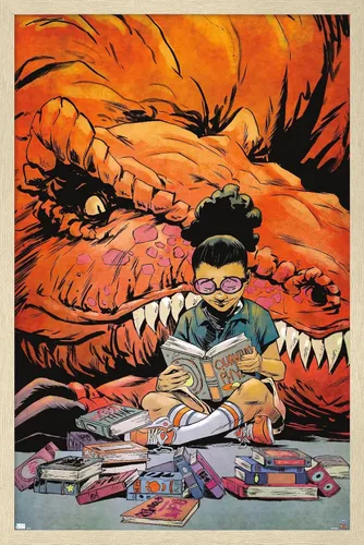 Vista 7 de Trends International Marvel Moon Girl & Devil Dinosaur - Póster de pared de lectura, 22.375 x 34 pulgadas, versión enmarcada de madera de granero