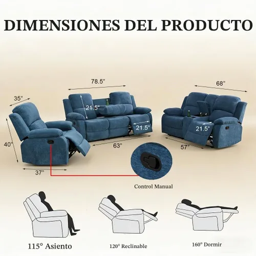 Vista 2 de Juego de sofá reclinable manual, juego de sofá reclinable de tela para sala de estar Azul/claro