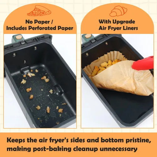 Vista 4 de BYKITCHEN Forros de papel desechables para freidora de aire Ninja Dual Airfryer, 100 PCS hojas de papel pergamino rectangulares para freidora