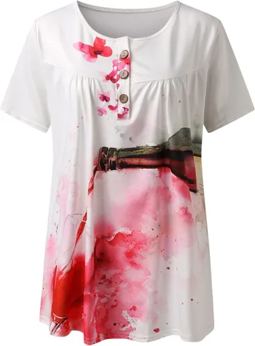 Vista 3 de TREBIN Túnica de manga corta para mujer, holgada, casual, talla grande, plisada, con botones, casual, verano