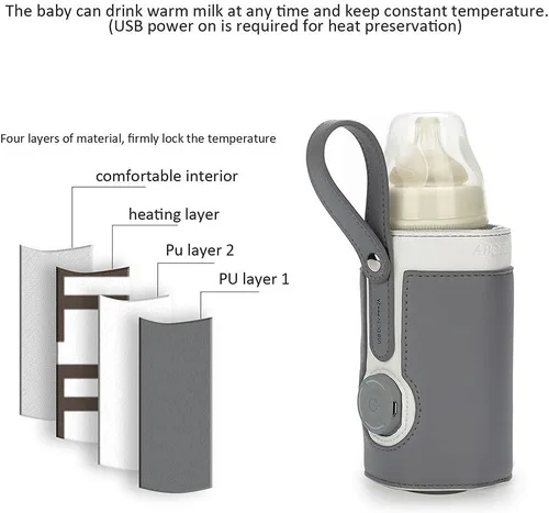Vista 3 de Calentador de biberones portátil USB, 3 temperaturas ajustables para viajes en coche y mantenimiento de calor de leche, gris oscuro