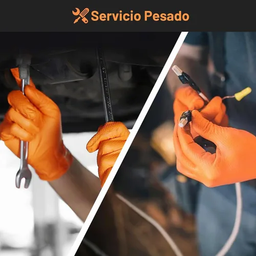 Vista 8 de Guantes industriales de nitrilo naranja resistente, 8 mil, guantes desechables sin látex con agarre de textura de diamante elevado, sin polvo