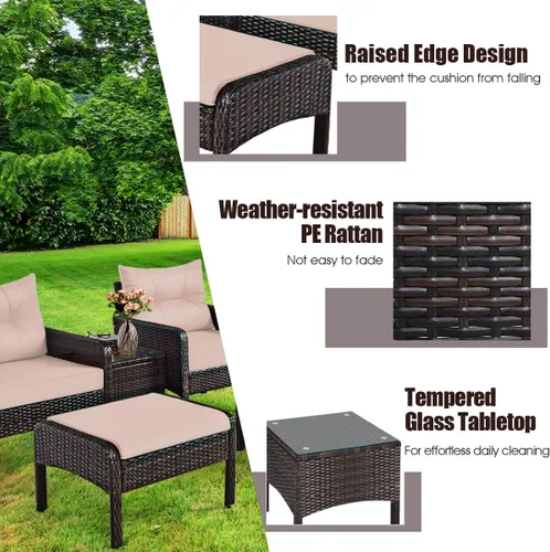 Vista 2 de Juego de muebles de patio de 5 piezas, silla de mimbre de ratán para conversación al aire libre con 2 otomanas y mesa de centro de vidrio templado