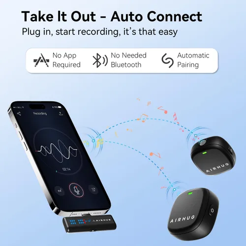 Vista 4 de AIRHUG Micrófono Lavalier inalámbrico para iPhone/Android/PC, batería de 60 horas, 48 KHz 24 bits, relámpago Plug-Play/USB-C, 3 modos de grabación