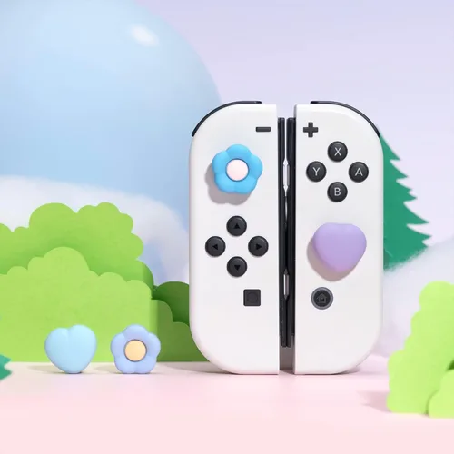 Vista 6 de GeekShare Tapas de silicona Joy Con para pulgar, cubierta de joystick compatible con Switch/OLED/Switch Lite, 4 unidades, corazón y flor