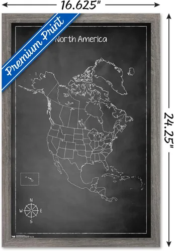Vista 3 de Trends International Chalk Map - Póster de pared de América del Norte, 22.4 pulgadas de largo x 14.7 pulgadas, versión enmarcada de madera de granero