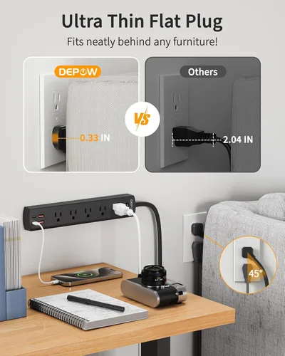 Vista 4 de DEPOW Regleta de Enchufes Negra con Protector contra Sobretensiones, Cable de Extensión Ultra Delgado de 5 Pies con Enchufe Plano, 1700 Julios, 5