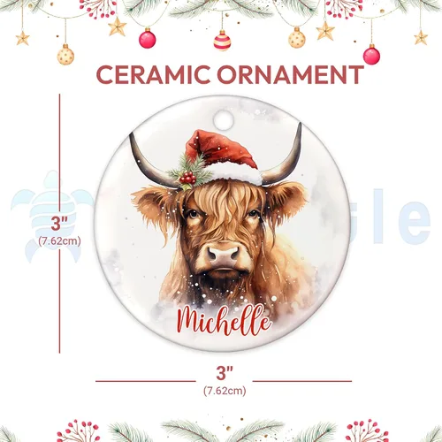 Vista 4 de Hyturtle Regalos de Adornos de Navidad Personalizados para Amantes de Vacas Highland - Adorno de Cerámica Navideño de Vaca Highland con Nombre