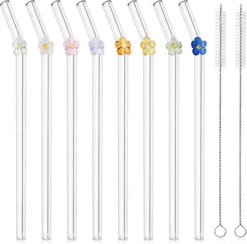 Vista 10 de 6 popotes de vidrio cortos doblados reutilizables con 2 cepillos de limpieza, 0.236 x 0.394 in, lindo popote de vidrio resistente a roturas, apto
