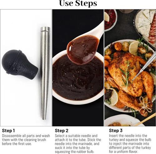 Vista 4 de Baster de Pavo para Cocinar, Inyector de Carne Grande de Acero Inoxidable, con Cepillo de Limpieza y 2 Agujas de Adobar, Negro