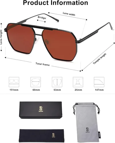 Vista 5 de SOJOS Gafas de sol polarizadas cuadradas de gran tamaño retro para mujeres y hombres, tonos vintage, UV400, lentes de sol clásicos grandes de metal