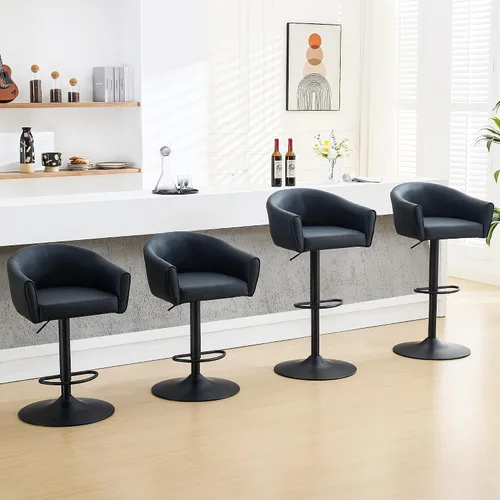 Vista 13 de FIRAVOE Juego de 2 taburetes de bar, taburetes de bar giratorios con respaldo y brazos, silla de bar ajustable de piel sintética de 24 a 34