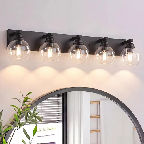 Vista 10 de LmnLvn Lámparas de baño, 3 luces de tocador de color negro mate, modernas lámparas de baño sobre espejo, luces de tocador de granja con pantalla