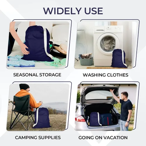 Vista 4 de Bolsa de lavandería de nailon azul marino resistente con correas, lavable, bolsa de lavandería plegable para viajes, hogar y almacenamiento