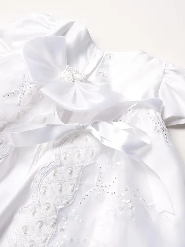 Vista 2 de Vestido de bautizo bordado de satén de manga corta para bebé niñas con capó, Blanco