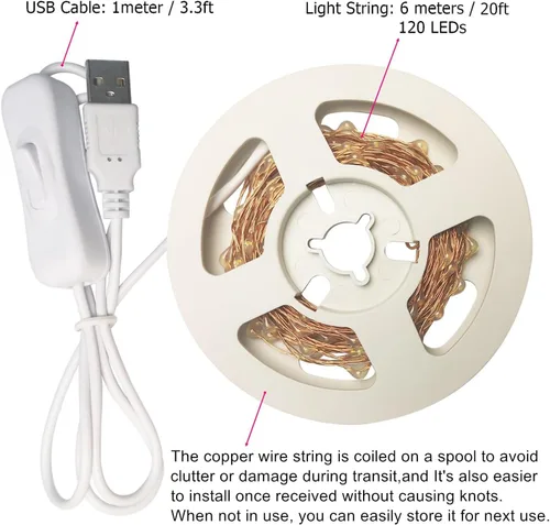 Vista 7 de RUICHEN Guirnalda de luces LED USB de 20 pies con interruptor de encendido/apagado, luces de alambre de cobre impermeables para dormitorio, pared