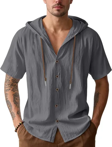 Vista 7 de Camisas de algodón y lino para hombre, sudaderas casuales de manga corta, con botones, para verano, playa, boda, con capucha