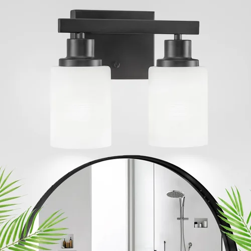 Vista 10 de Juego de 2 apliques de pared para baño, 1 luz negra, apliques de pared modernos para interiores con pantallas de vidrio blanco, lámpara de pared