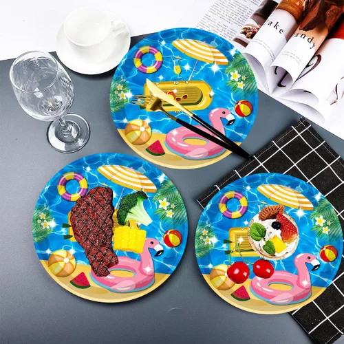 Vista 4 de 40 piezas de suministros para fiesta de playa, pelota de playa, piscina, platos de fiesta de verano de 7 pulgadas, platos de papel para piscina
