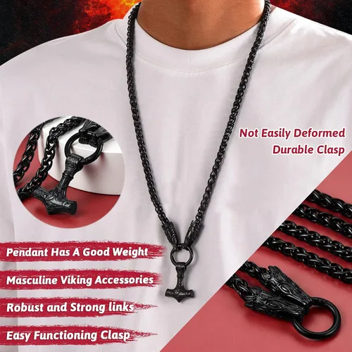 Vista 2 de FaithHeart Collar punk nórdico vikingo para hombre collar grueso acero inoxidable Mjolnirnudo celta cabeza de lobo colgante de amuleto joyería
