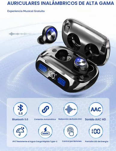 Vista 2 de Auriculares inalámbricos de 200 horas de reproducción Bluetooth, IPX7 impermeable, con cancelación de ruido, pantalla LED de alimentación con funda