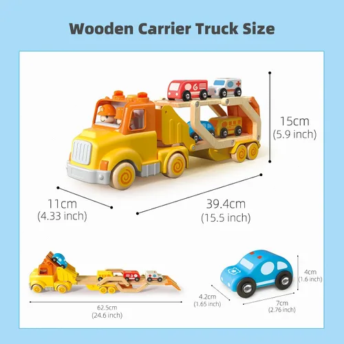 Vista 8 de Juguetes de autos para niños pequeños de 2, 3, 4, 5 años, juguete de camión transportador con 4 vehículos de madera, remolque de pista plegable