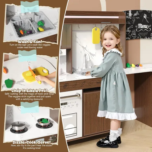 Vista 6 de Juego de cocina grande de esquina de madera, juego de cocina para niños con máquina de hielo, sonido y luz realistas, fregadero de juguetes con agua
