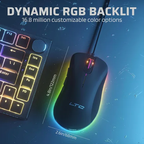 Vista 5 de LTC GM-031 Ratón para juegos con cable, 7200 DPI ajustable, 6 botones macro programables, 4 modos retroiluminados RGB, forma ergonómica, soporte