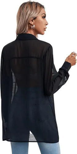 Vista 2 de Floerns Blusa de manga corta con botones de malla transparente para mujer