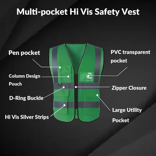 Vista 5 de BeautyWill Chaleco de seguridad con logotipo personalizado, Hi Vis Clase 2, chaleco reflectante de construcción unisex con 5 bolsillos