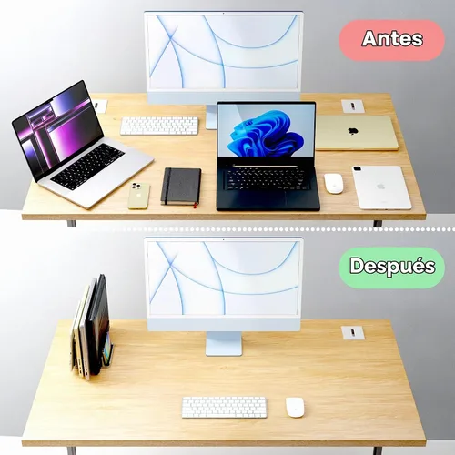 Vista 4 de Soporte ajustable para laptop, 5 ranuras, ahorro de espacio de aluminio, para Apple MacBook/Surface/Galaxy/Tablet/iPad/iPhone, plateado