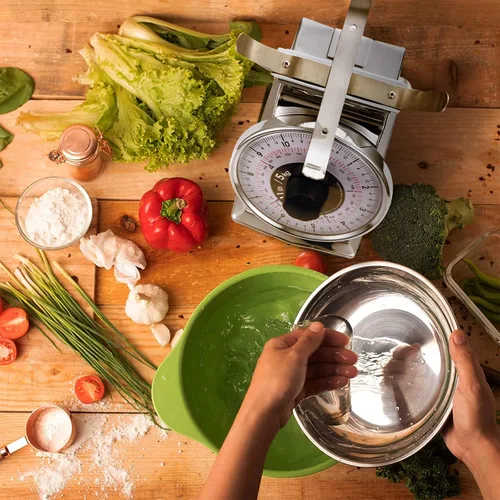 Vista 6 de Tada - Báscula mecánica analógica de cocina de 11 libras Cuenco extraíble, función de tara, estilo retro, acero inoxidable