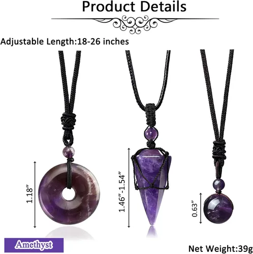 Vista 5 de Jovivi Juego de 3 collares de piedra de cristal curativo para hombres y mujeres, amatista natural, obsidiana negra, ojo de tigre, piedras preciosas