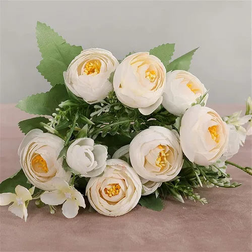 Vista 6 de Flores artificiales, 1 ramo de 12 cabezas, peonía artificial, té de rosas, flores de seda de camelia para bricolaje, hogar, jardín, decoración