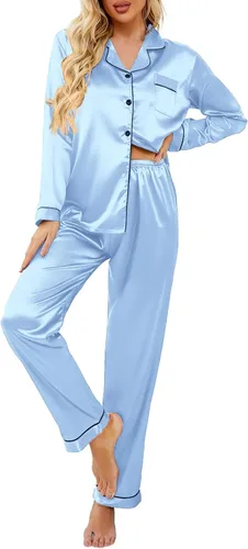 Vista 12 de Ekouaer - Conjunto de pijama de satén de seda clásico con botones para mujer, de manga larga Verde militar