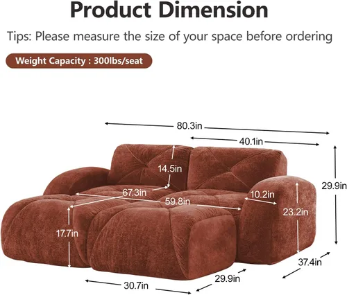 Vista 2 de Sofá modular de 80.3 pulgadas para sala de estar, moderno sofá sin hueso de terciopelo con 2 otomanas, no requiere montaje, cómodo sofá sin hueso