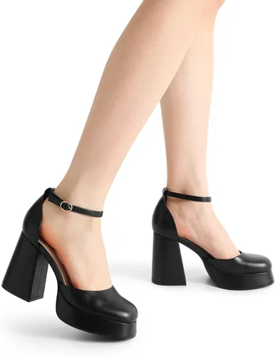 Vista 6 de DREAM PAIRS Zapatos de tacón alto con plataforma gruesa para mujer, puntera cerrada, correa al tobillo, para boda, fiesta, zapatos de tacón
