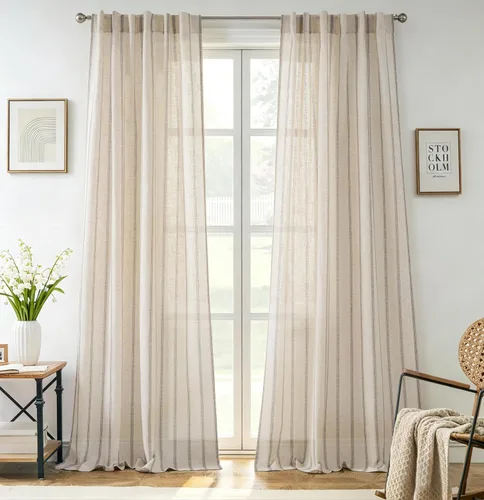 Vista 118 de DriftAway Cortinas de estilo granja con rayas verticales de lino mezclado texturizado con filtro de luz semitransparente para sala de estar