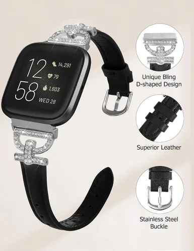 Vista 3 de Minyee Correas de cuero compatibles con Fitbit Versa 2/Fitbit Versa/Versa Lite Band para mujer, correa de cuero delgada elegante con diamantes
