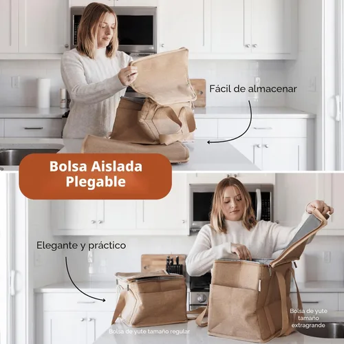 Vista 5 de Nook Theory Bolsa de comestibles reutilizable con aislamiento, a prueba de fugas, bolsa enfriadora grande Caramelo
