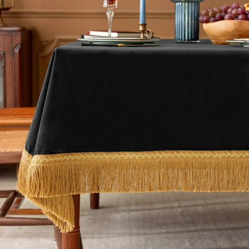 Vista 8 de F-CHU - Funda de terciopelo negro de lujo para mesita de noche con flecos dorados, mantel decorativo para mesita de noche, a prueba de polvo