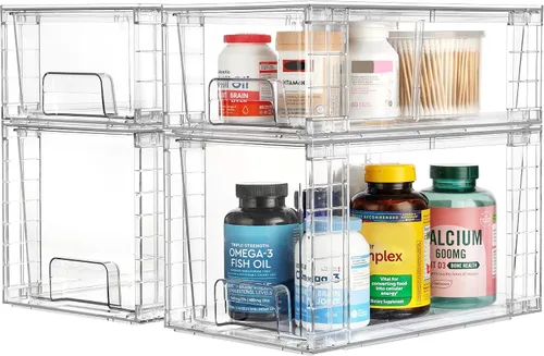 Vista 9 de Vtopmart Paquete de 4 cajones de almacenamiento apilables transparentes, para debajo del fregadero y la cocina, cajones de plástico fáciles