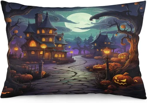Vista 10 de Fundas de almohada frescas de casa embrujada, castillo, luna, bosque medieval, calabaza, fundas de almohada rectangulares con cremallera invisible